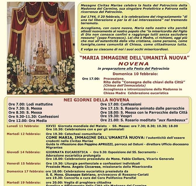 Inizio della Novena per il Patrocinio, domenica 10 febbraio la processione della Madonna del Carmine